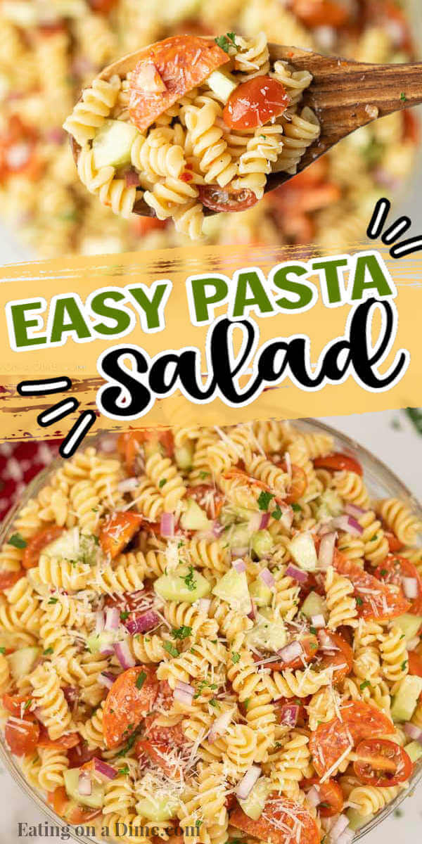 This is the best easy pasta salad recipe with Italian Dressing. This is the best, simple, cold and healthy pasta salad with no mayo. You are going to love this pasta salad that takes minutes to make. Everyone will love this pasta salad at your next get together. This is the best ever pasta salad recipe. #eatingonadime #sidedishrecipes #pastasaladrecipes 