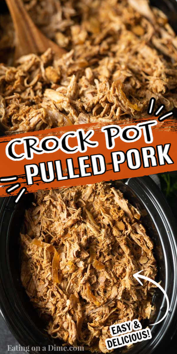Crock pot bbq pulled pork is tender, flavorful and so easy. This recipe makes a lot and you can enjoy on sandwiches, over potatoes and more. Crock Pot pulled pork is one of my favorite slow cooker recipes and is perfect for your next BBQ or get together! #eatingonadime #crockpotrecipes #slowcookerrecipes #porkrecipes 
