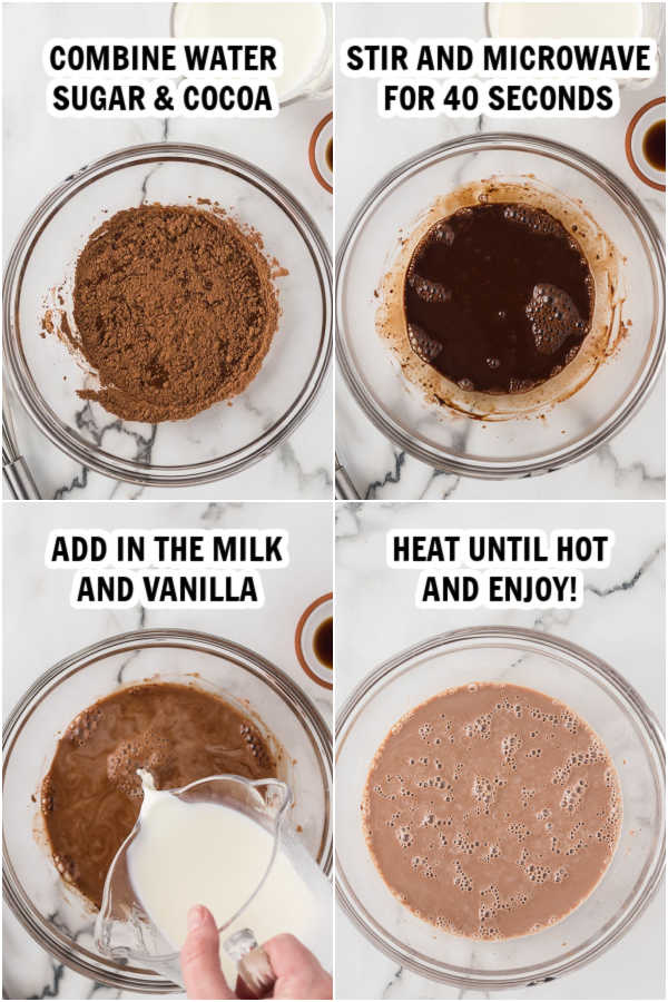 Process of making chocolate syrup and adding to milk. 