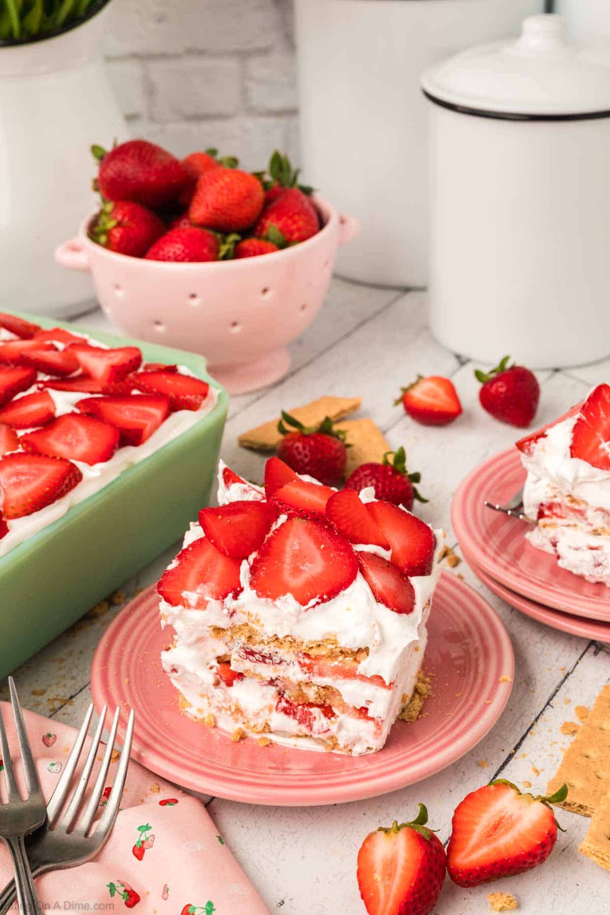 Slice of strawberry layer cake on a plate 
