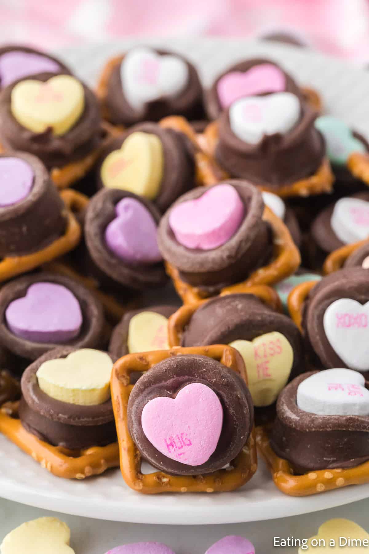 Close up image of Valentines Rolo Pretzels stacked