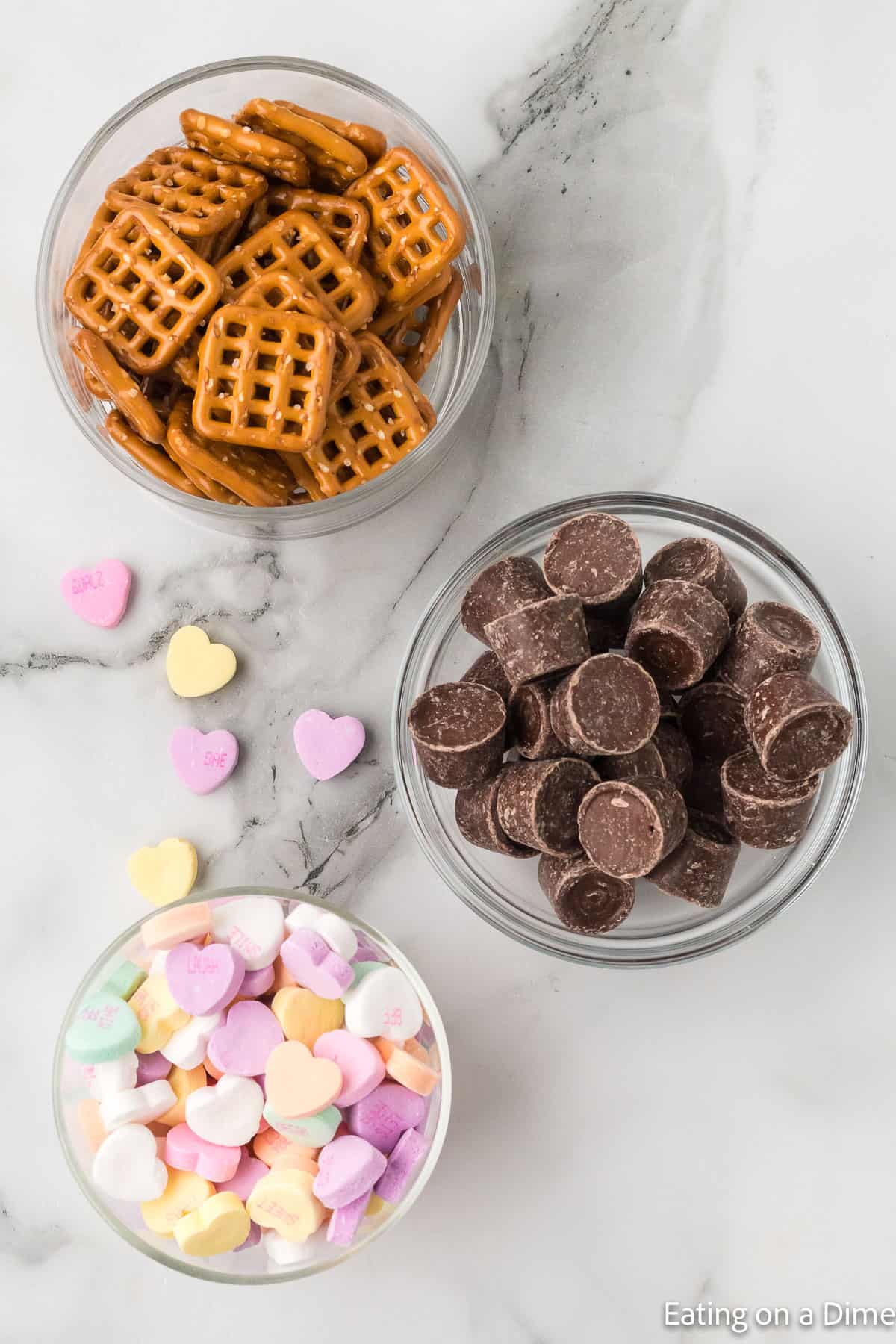Valentine Rolo Pretzels Ingredients - Pretzels, rolos, candied hearts