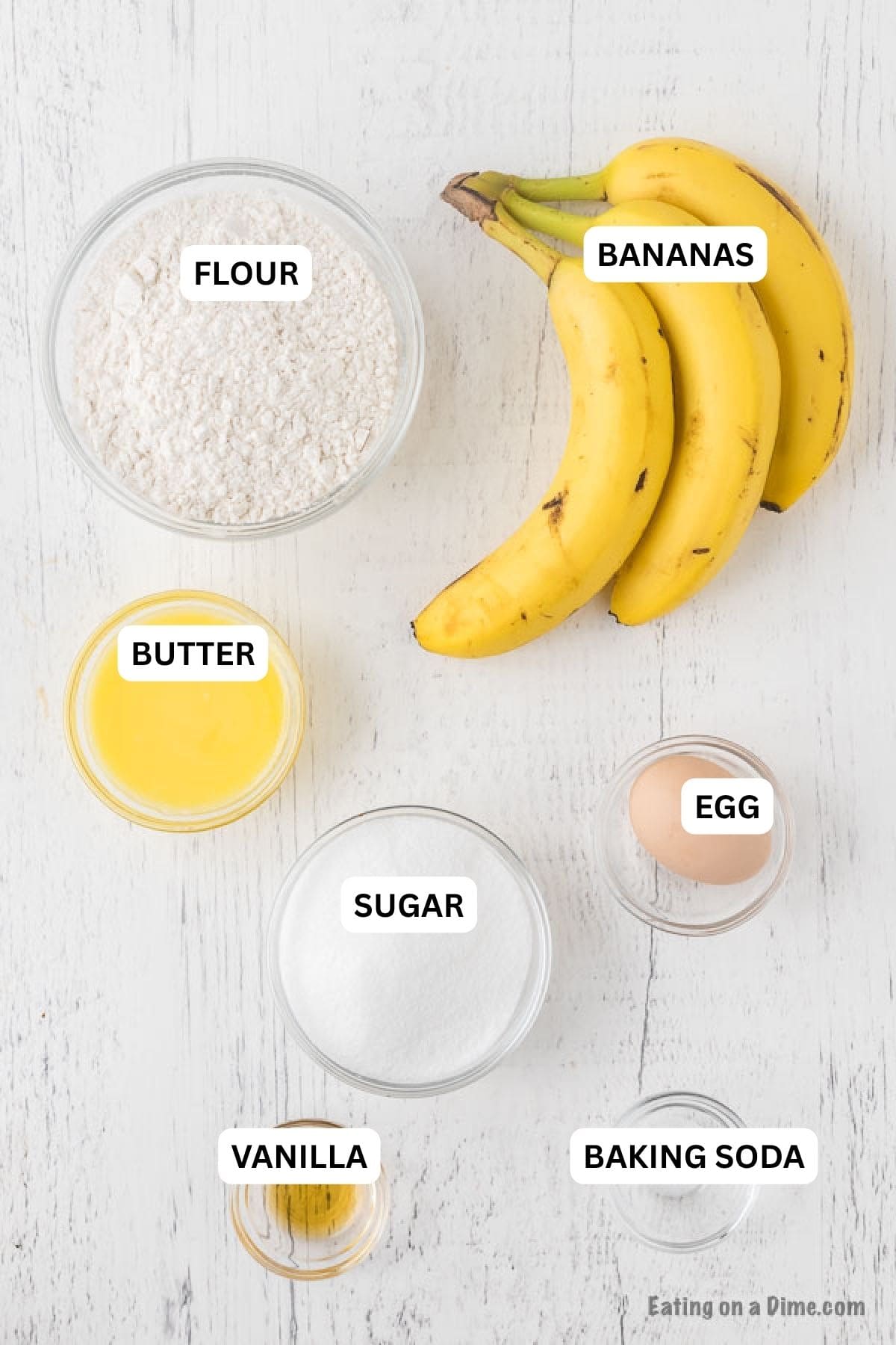 Ingredients for recipe: flour, bananas, butter, egg, sugar, vanilla and baking soda. 