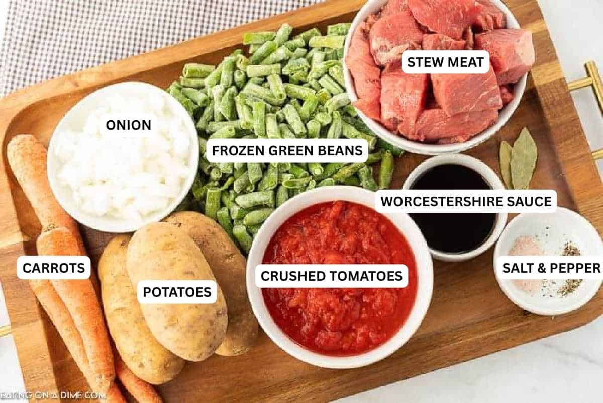Ingredients for recipe: stew meat, frozen green beans, onion carrots, potatoes, crushed tomatoes Worcestershire sauce, salt and pepper.