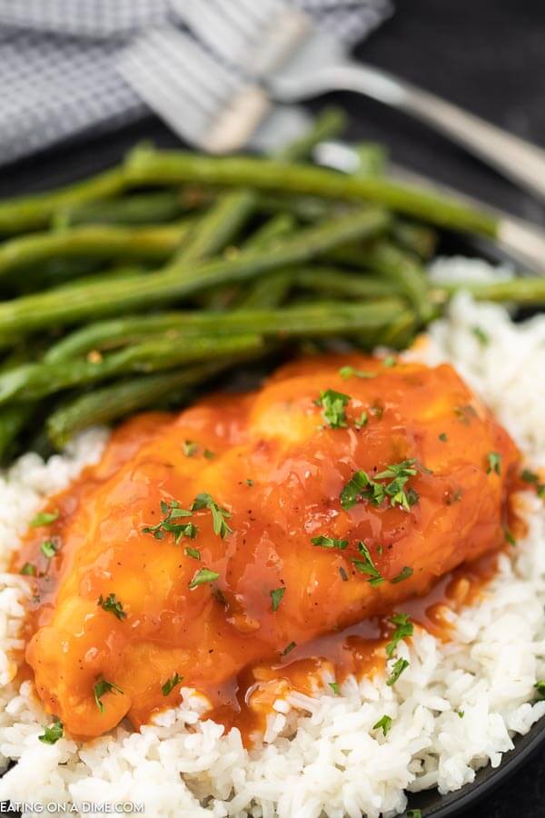 Catalina Chicken breast on white rice with a side of green beans