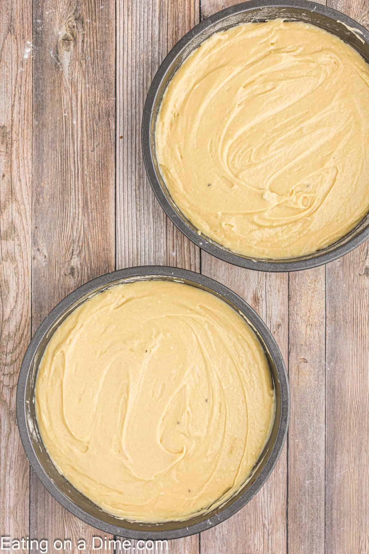 Pour cake batter into two round cake pans