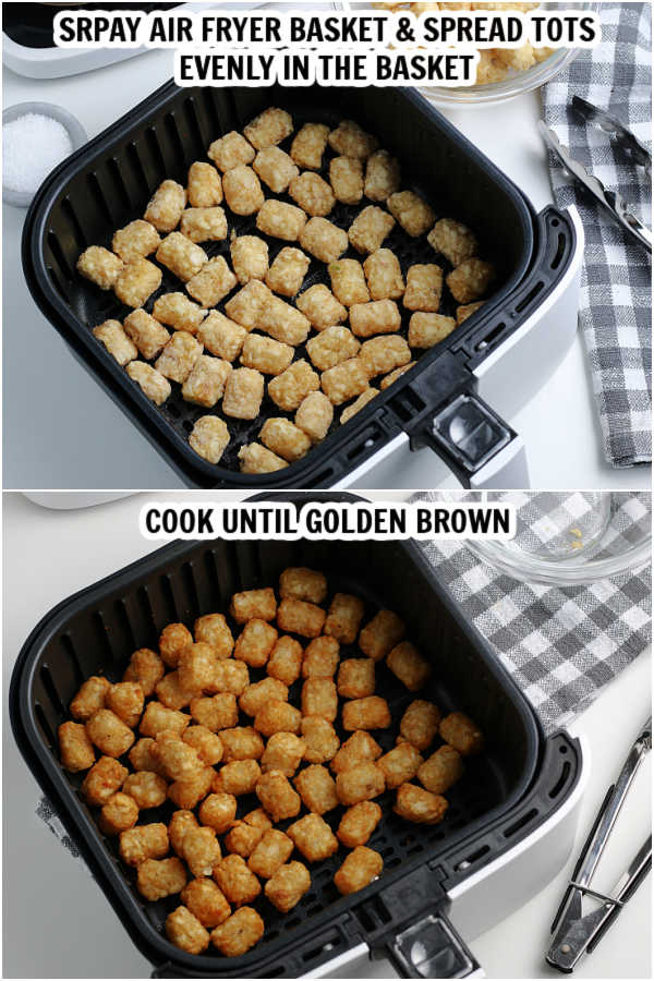 close up image of the process of cooking tator tots in the air fryer. 