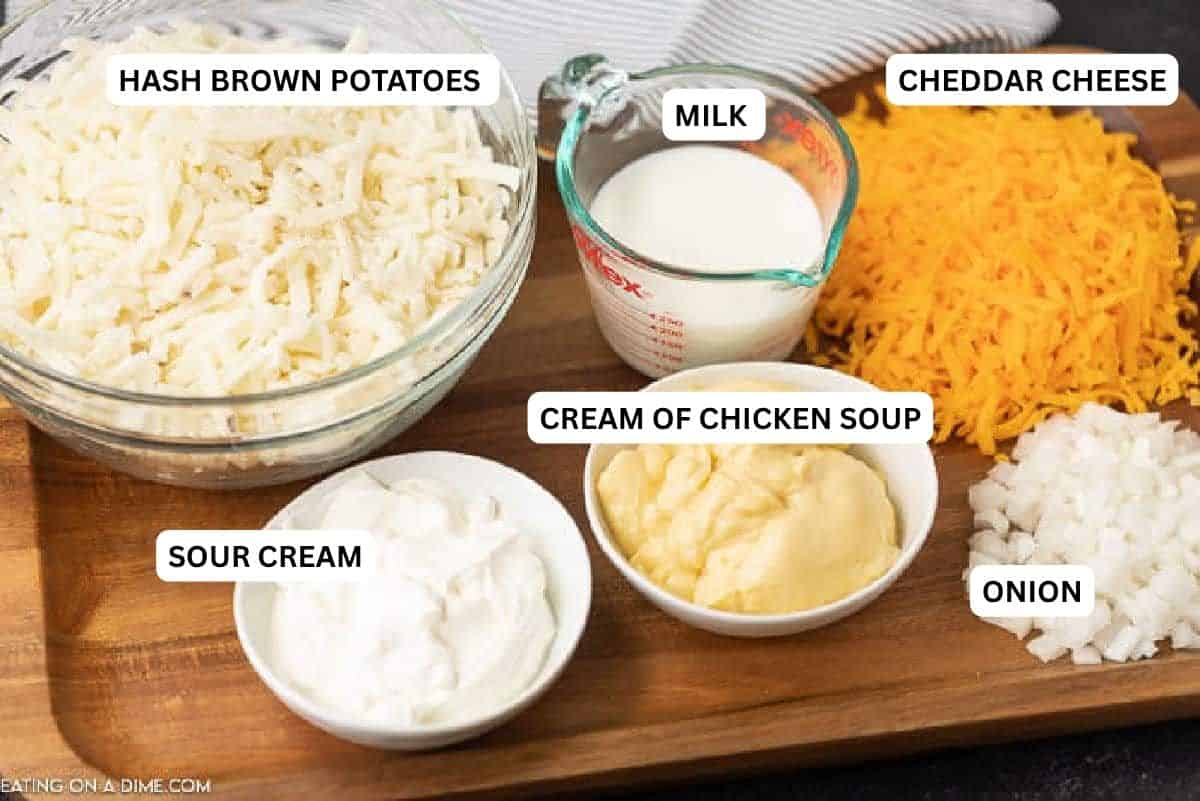 Ingredients for recipe - hash brown potatoes - milk, cheddar cheese, sour cream, cream of chicken soup, onion.