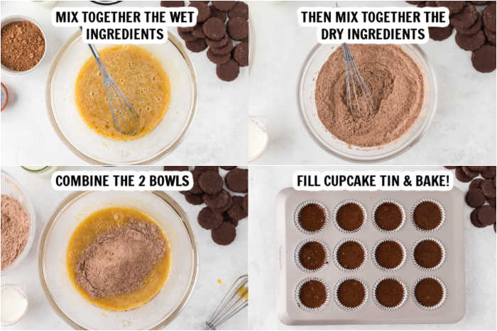 Photos showing the process of how to make cupcakes, bowl with wet ingredients, bowl with dry ingredients, bowl with them combined and then the cupcakes baked. 