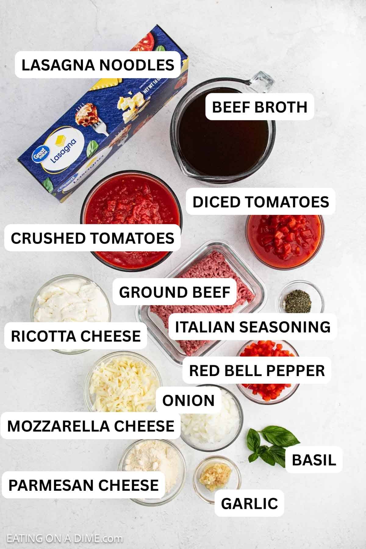 Ingredients needed for this recipe includes ground beef, onion, red bell pepper, petite diced tomatoes, crushed tomatoes, garlic, Italian seasoning, beef broth and more.