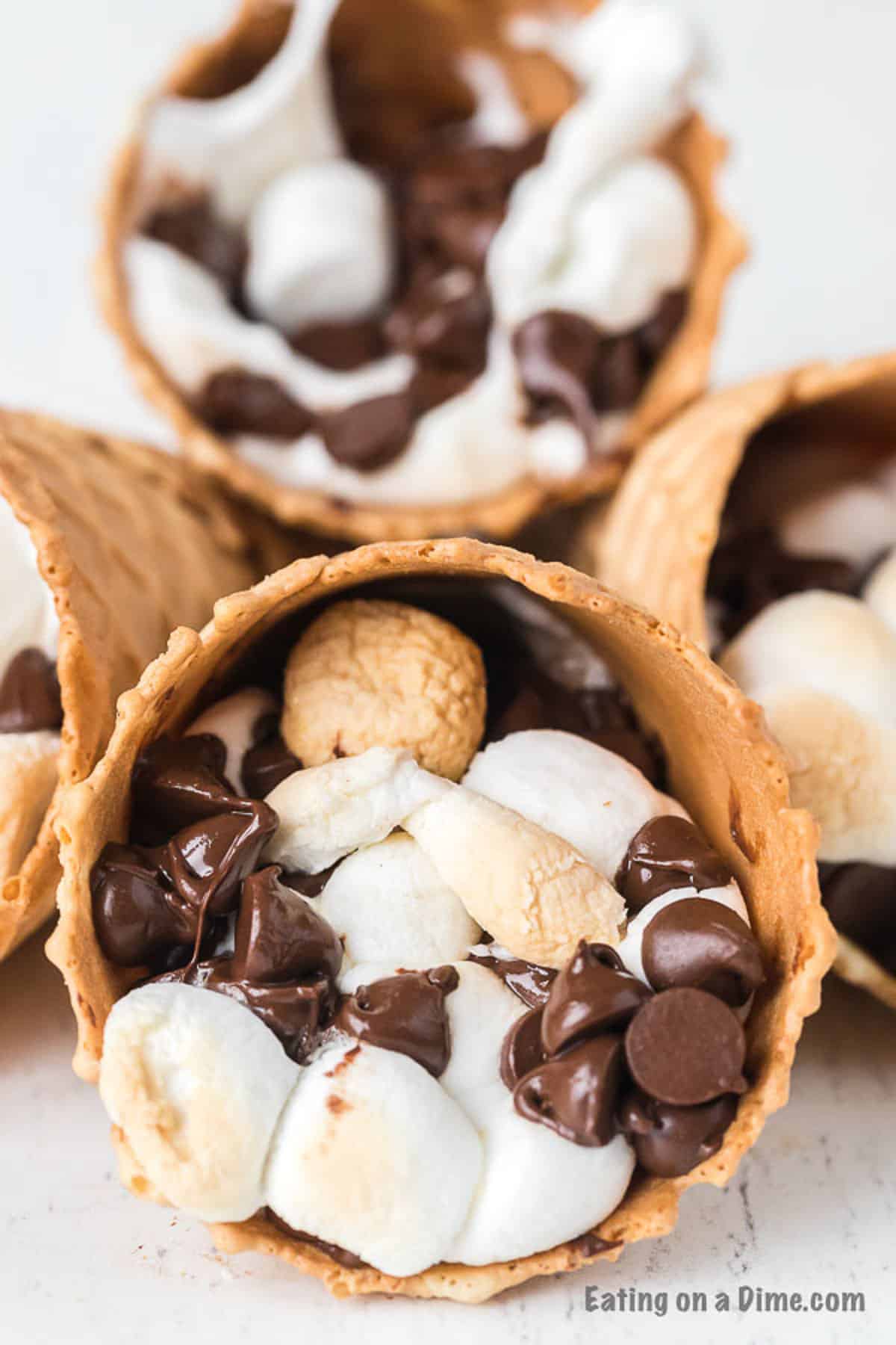 Smores Campfire Cones with chocolate chips and marshmallows