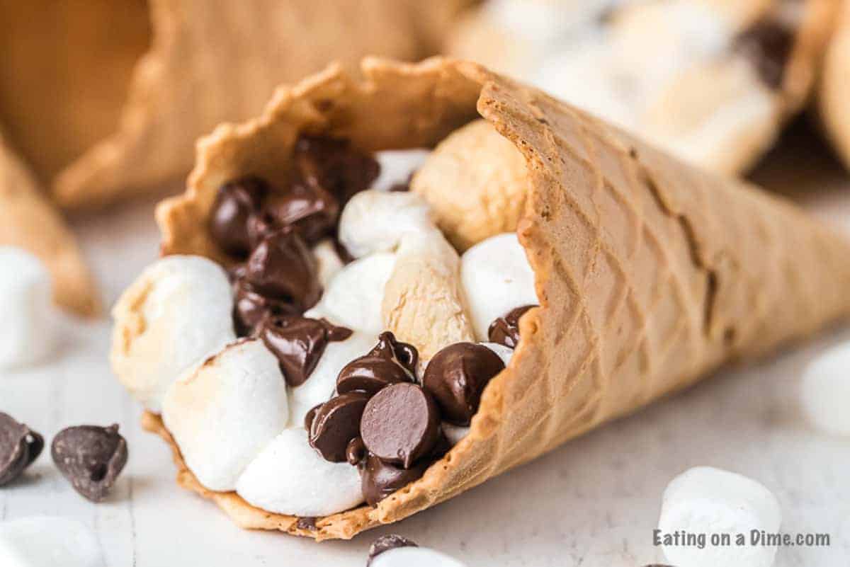 Marshmallows and chocolate chips in a cone