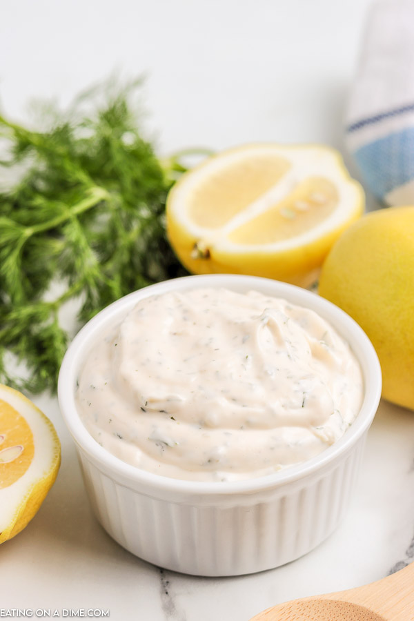 Tartar sauce in a small white bowl 