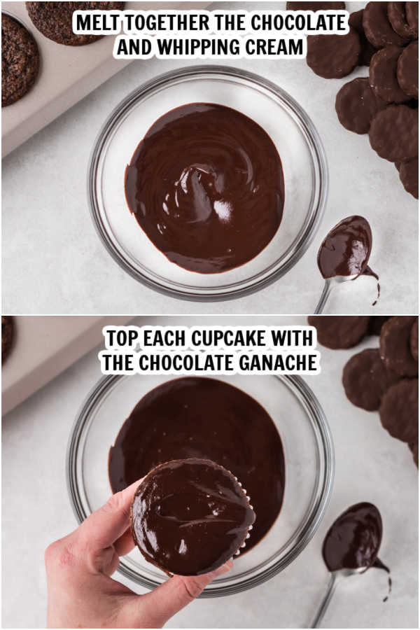 Photos showing how to make the chocolate ganache. A bowl showing the chocolate and heavy cream mixed together and then a cupcake being topped with the ganache. 