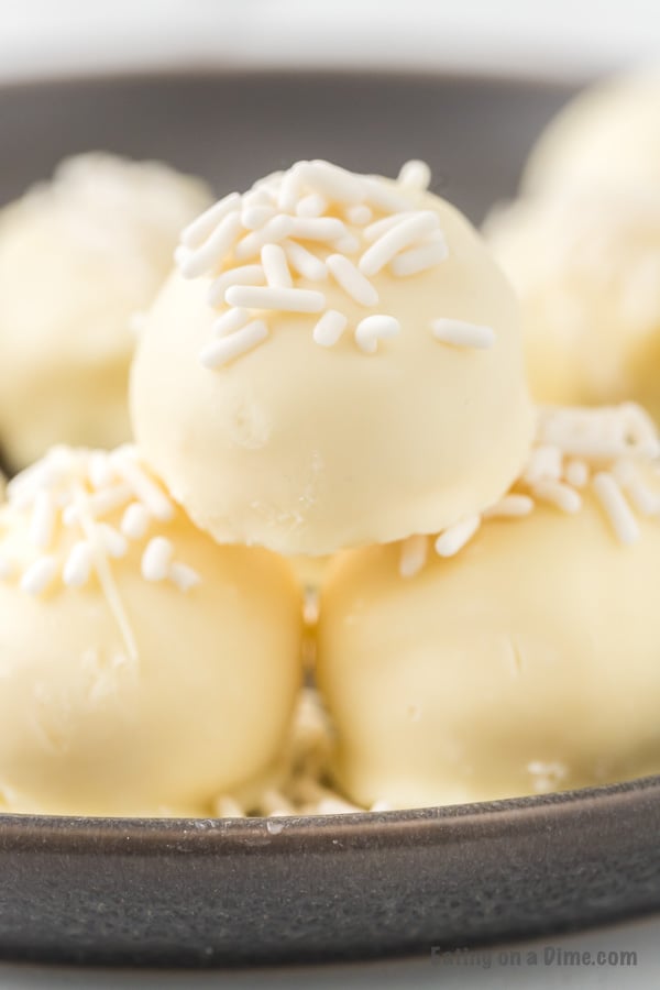 White Chocolate Truffles stacked on top of each other 