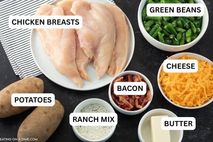 Bacon ranch chicken foil packet has everything you need for a great dinner. The juicy chicken and tender veggies make a meal sure to impress. Ingredients for recipe: chicken, green beans, cheese, bacon, potatoes, ranch mix and butter.