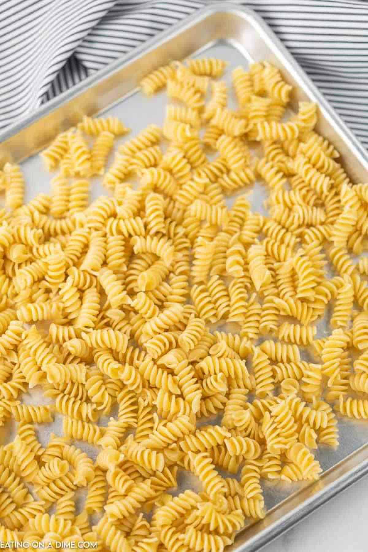 Cooked pasta in a single layer on a baking pan.  