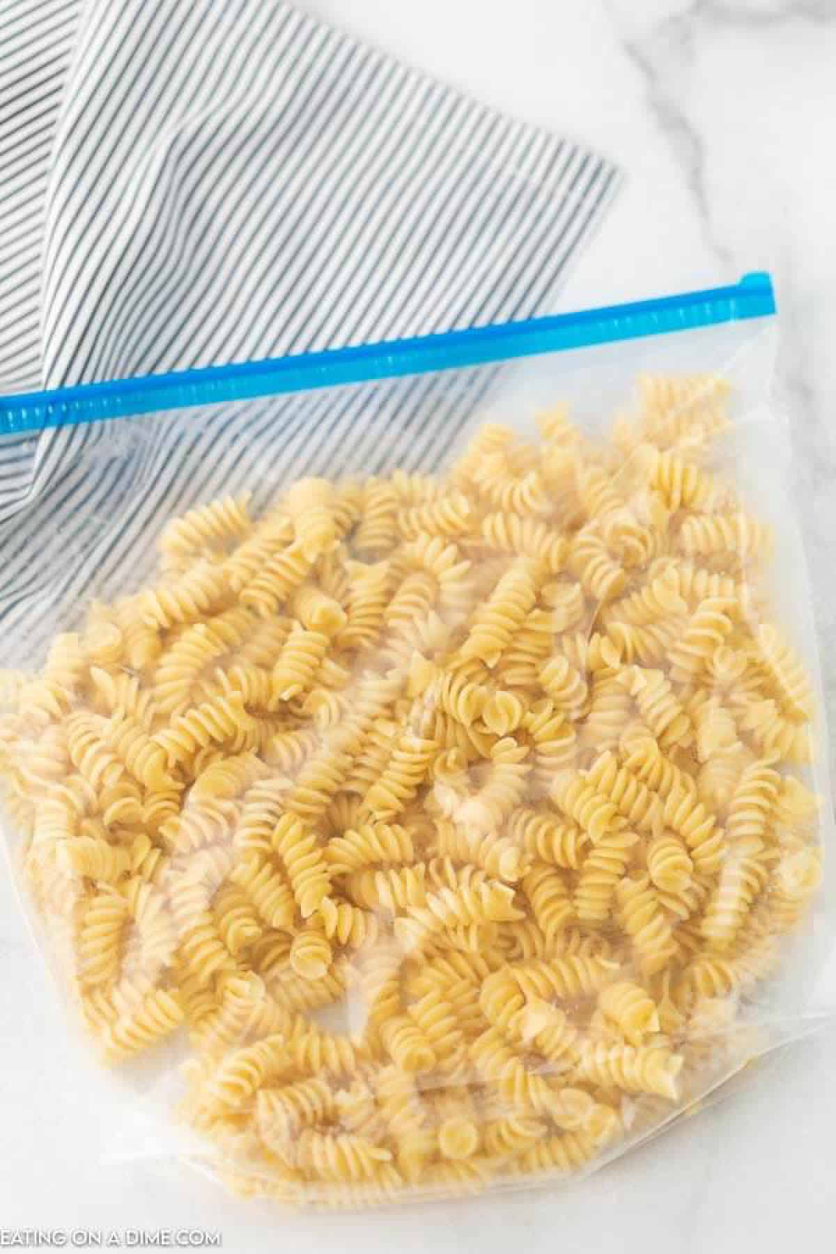 Cooked rotini pasta in a large freezer bag.  