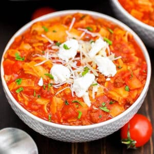 Overview of Lasagna Soup in a Bowl.