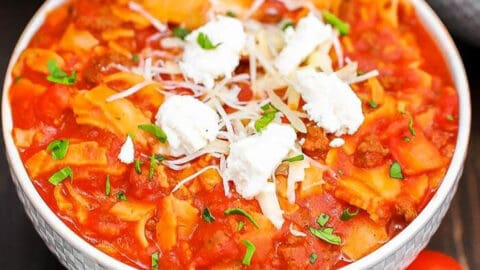 Overview of Lasagna Soup in a Bowl.