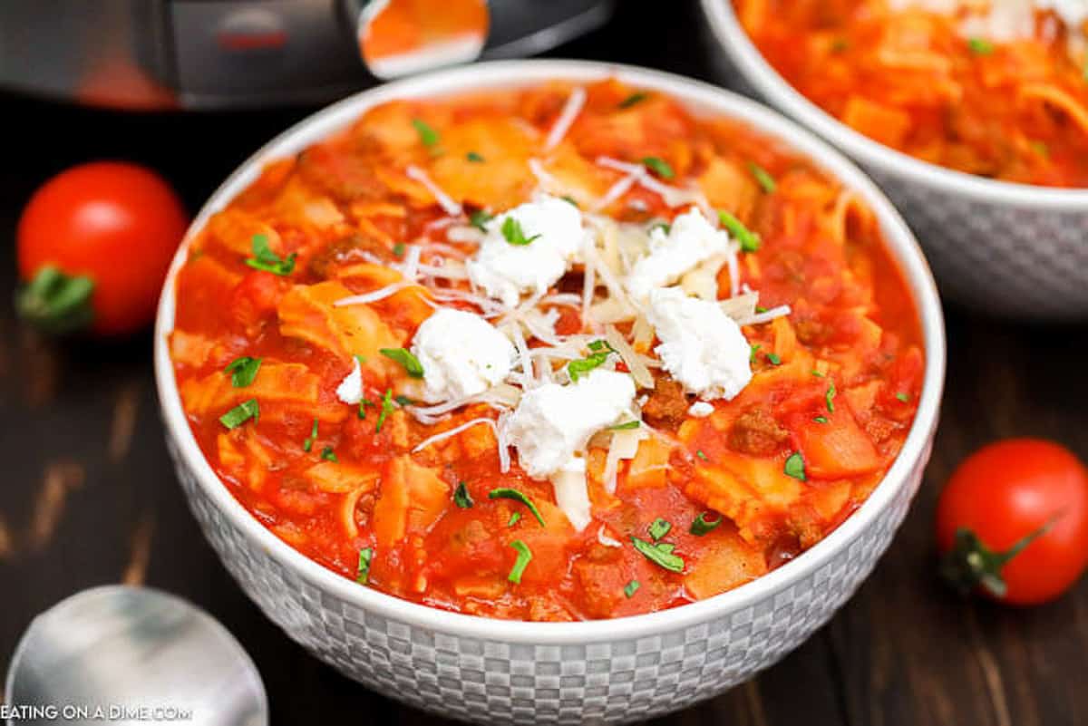 Overview of Lasagna Soup in a Bowl. 