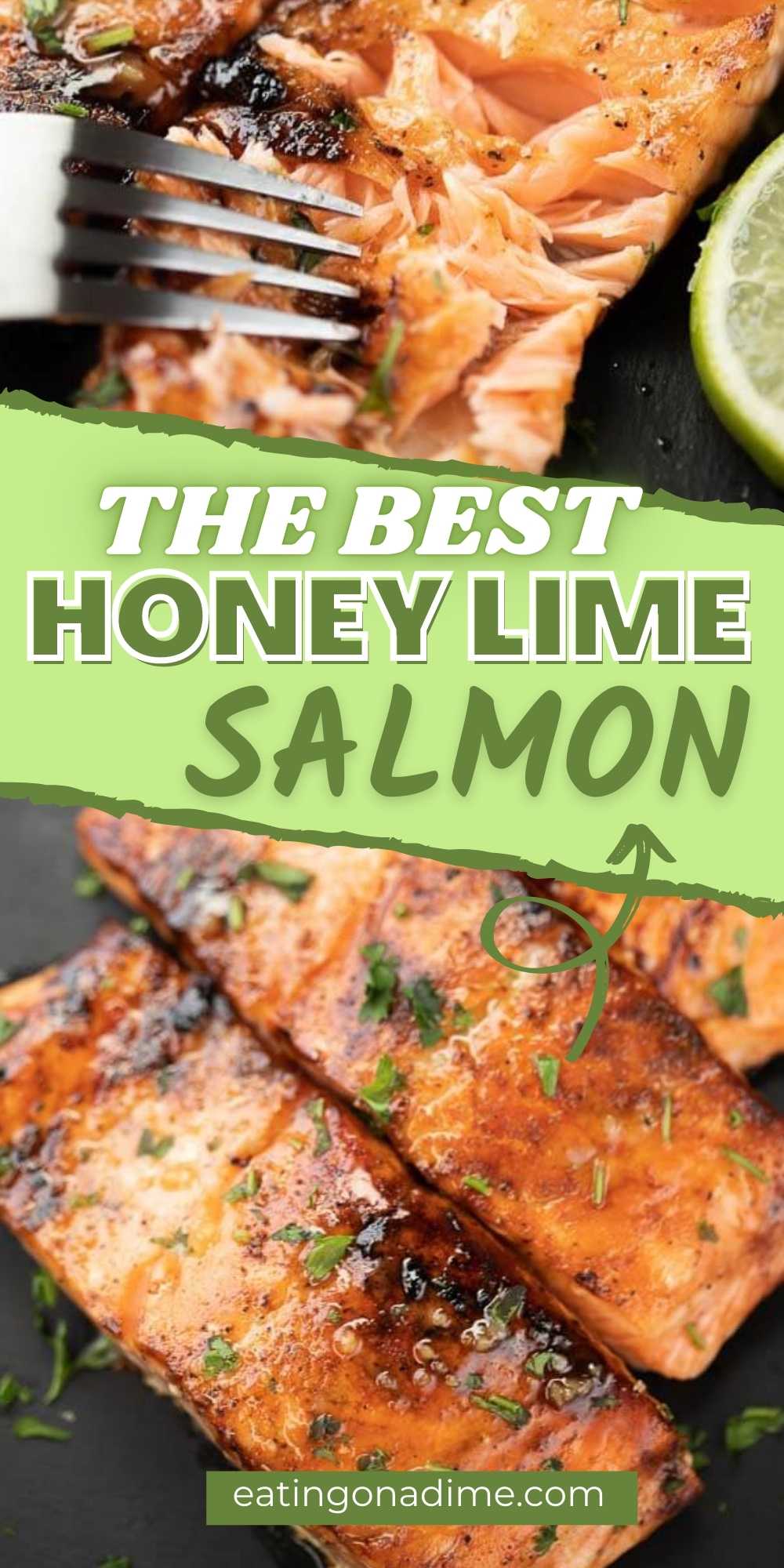 Try this easy honey glazed salmon recipe is one of my favorite salmon dinner ideas! It is delicious with the tanginess of lime added into the honey and is a delicious pan seared and easy salmon recipe. This quick and simple salmon recipe is the best! You will love this honey lime salmon recipe.  #eatingonadime #salmonrecipes #seafoodrecipes #fishrecipes 
