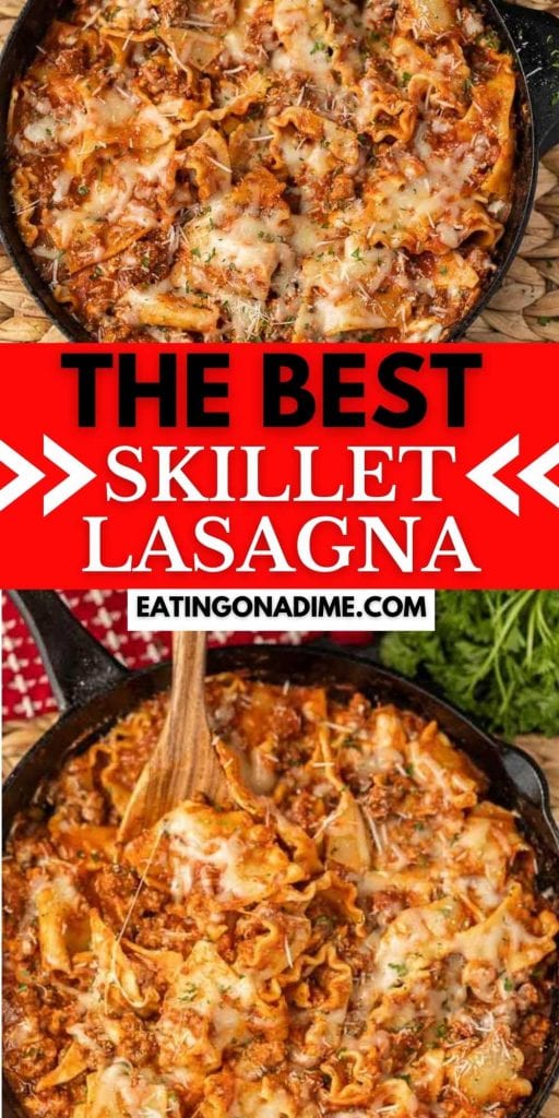 Try this delicious and easy skillet lasagna. Quick easy recipe skillet lasagna that you can make in no time at all! This easy one pot skillet lasagna with ricotta will be a family favorite recipe.  You will love this quick and easy lasagna recipe. #eatingonadime #easyrecipes #skilletrecipes #onepotrecipes #lasagnarecipes   

