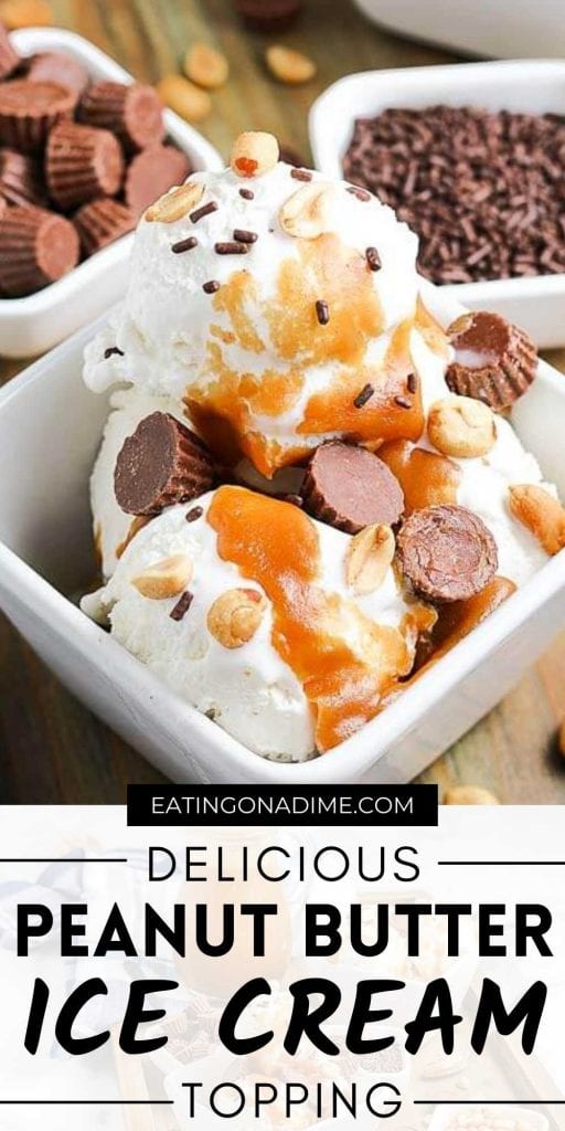 Next time you are in the mood for ice cream make sure you try this easy Peanut Butter Ice Cream Topping recipe. It is easy to make and tastes amazing! The entire family will love this simple peanut butter topping for ice cream. This easy peanut butter topping for ice cream is the best over my favorite ice cream recipes! #eatingonadime #icecreamrecipes #peanutbutterrecipes #dessertrecipes 
