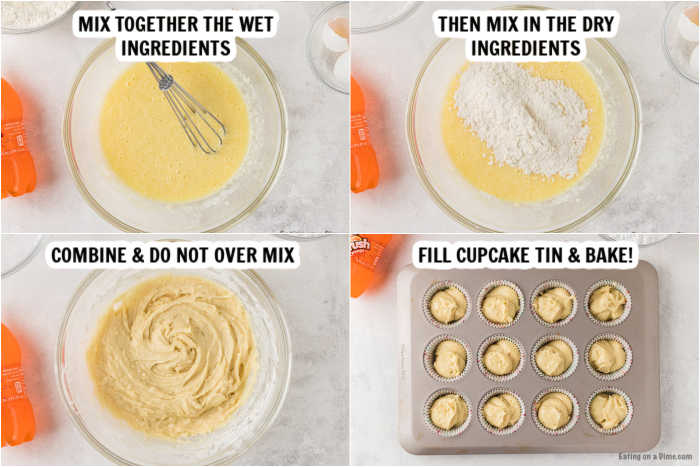 Photos showing the process to make these cupcakes.  1st photo shows a mixing bowl with the wet ingredients, the 2nd photo shows the dry ingredients being mixed in.  The 3rd photo shows the batter combined together and the 4th photos is a cupcake tin filled with the batter and is ready to bake 