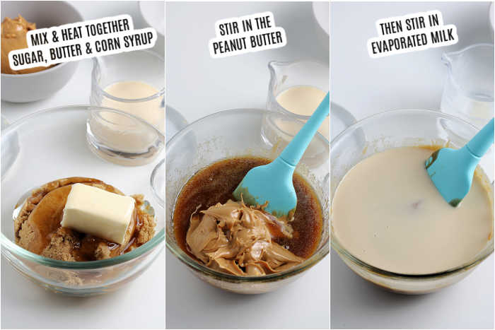 Photos showing how to make this recipe.  The 1st photo shows the sugar, butter and corn syrup in a large bowl.  Then 2nd photo shows that the peanut butter has been added to that same bowl and the final photo shows that the evaporated milk has been added to the bowl as well. 