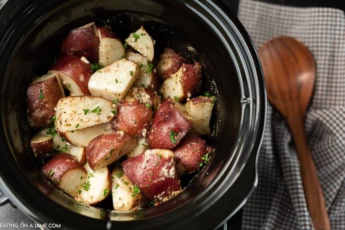 close up picture of potatoes in crock pot