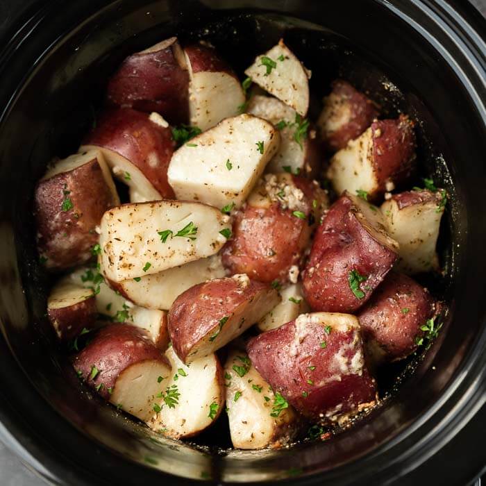 close up picture of potatoes in crock pot