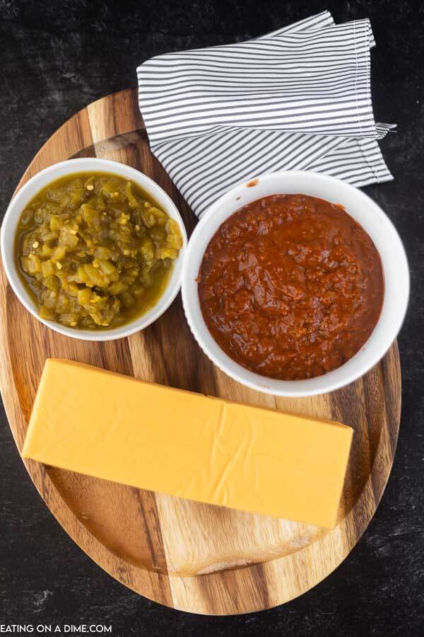 ingredients for cheese dip: velveeta, chili and green chilies