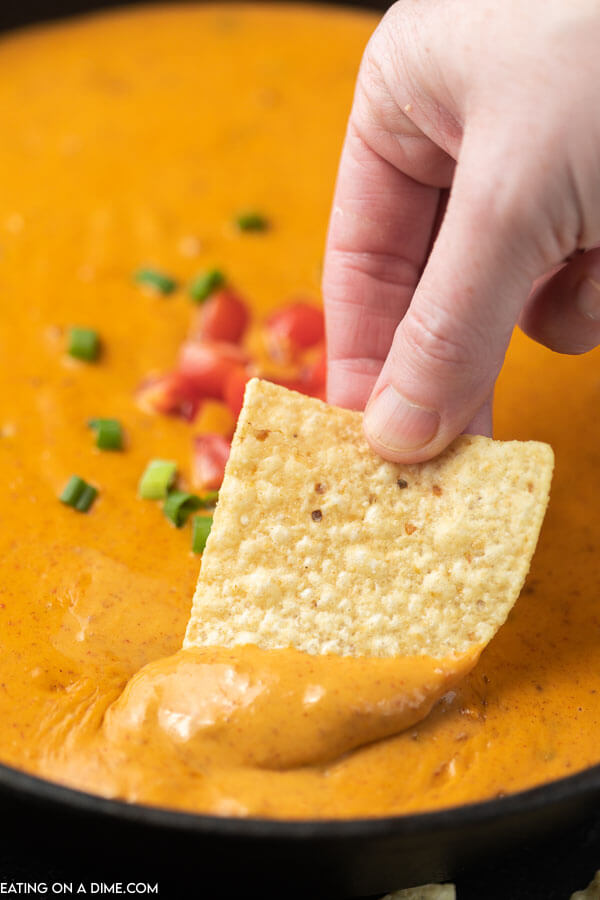 cheese dip in bowl with tortilla chip 