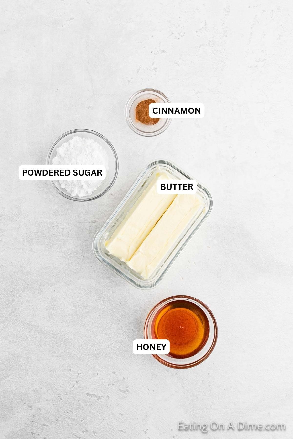 Ingredients for image: powdered sugar, butter, honey and cinnamon.
