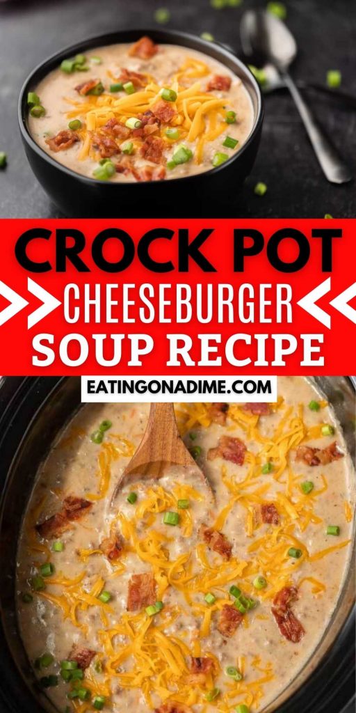 Try this easy to make crock pot cheeseburger soup recipe today! Get the flavors of a cheeseburger in a delicious crock pot hamburger soup recipe! This easy to make crockpot hamburger soup is the best comfort food. Every will love this creamy slow cooker hamburger soup recipe. #eatingonadime #crockpotrecipes #slowcookerrecipes #souprecipes 

