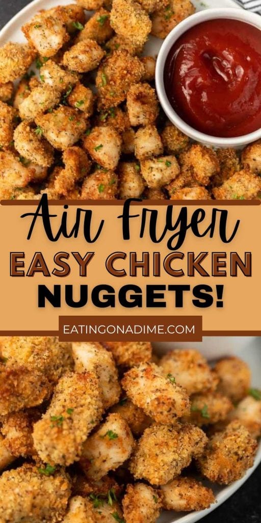 These are the best, easy, crispy air fryer chicken nuggets! These homemade air fryer chicken nuggets made with Panko bread crumbs are healthy and taste better than chick-fil-a nuggets.  You are going to love this simple to make homemade air fryer chicken nuggets recipe.  #eatingonadime #airfryerrecipes #chickenrecipes #chickennuggetrecipes  
