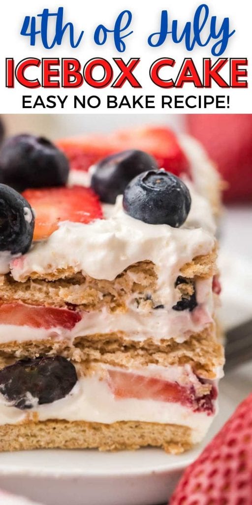 This red white and blue icebox cake is easy to make and tastes amazing too!  This red white blue icebox cake is the perfect patriotic no bake cake recipe.  This summer berry icebox cake is made with your favorite berries and graham crackers.  You are going to love how easy this icebox cake is to make! #eatingonadime #patrioticdesserts #redwhitebluedesserts #cakerecipes 
