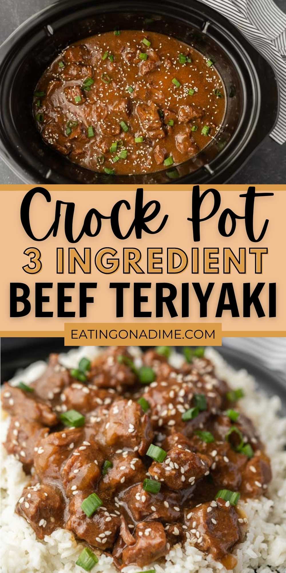Try Crock pot beef teriyaki recipe for a simple and delicious dinner idea. This beef teriyaki stir fry recipe does not disappoint. Everyone will love Slow cooker teriyaki beef recipe. Once you know how to make beef teriyaki, it will be on your regular menu plan! Try simple teriyaki beef recipe. #eatingonadime #crockpotrecipes #beefrecipes #asianrecipes 
