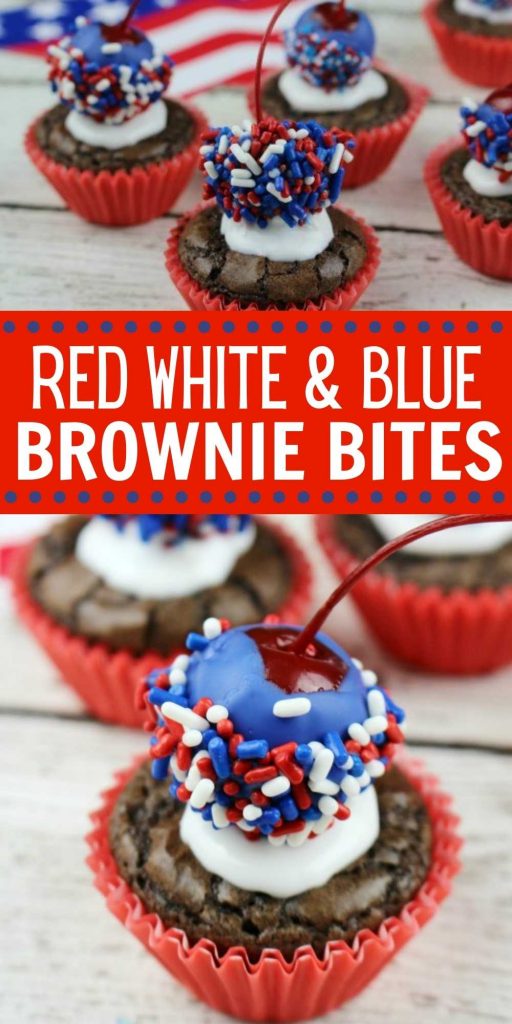 You have to make these 4th of July Brownies. These look like little firecracker bombs and they are one of my favorite patriotic desserts. These 4th of July Brown Bites are easy to make and delicious too.  These red white and blue patriotic brownies are festive and fun! Everyone will love these Red White and Blue Brownie Bites. #eatingonadime #patrioticdesserts #browniebites #redwhiteandbluedesserts 

