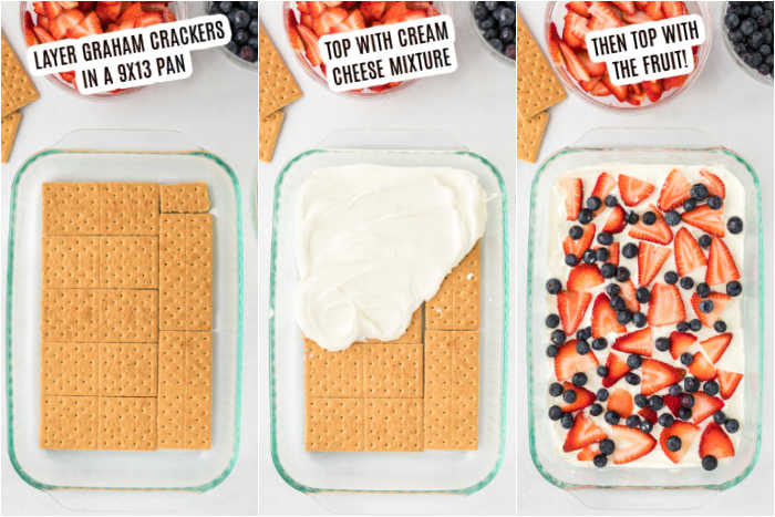 3 pictures: first picture: layer graham crackers in a 9x13 pan. second picture: top with cream cheese mixture. 3rd picture: Then top with the fruit.