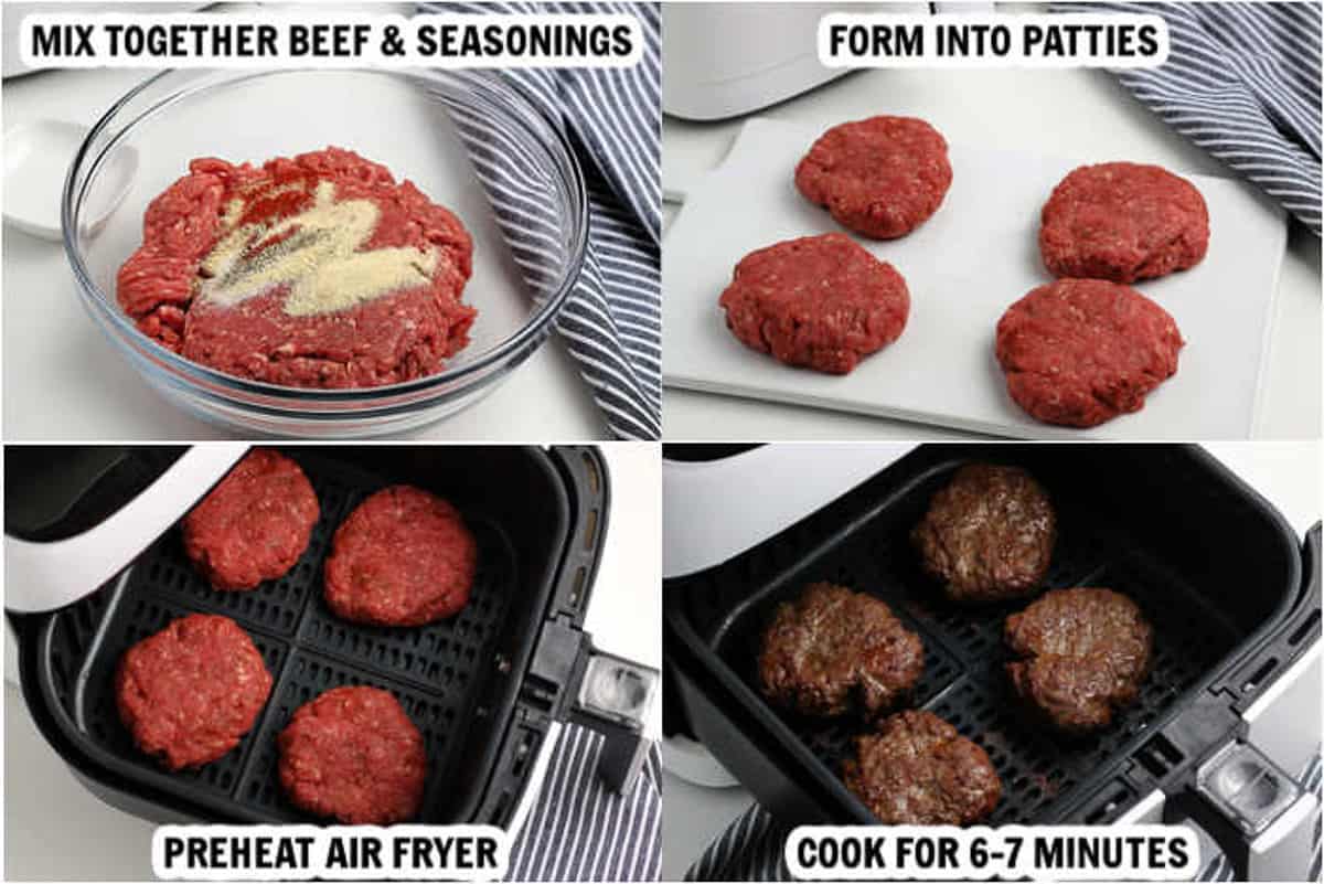 Process photos showing how to make hamburger in the air fryer.  The beef and seasoning being mixed together in a bowl, then formed into patties and cooked in the air fryer.  