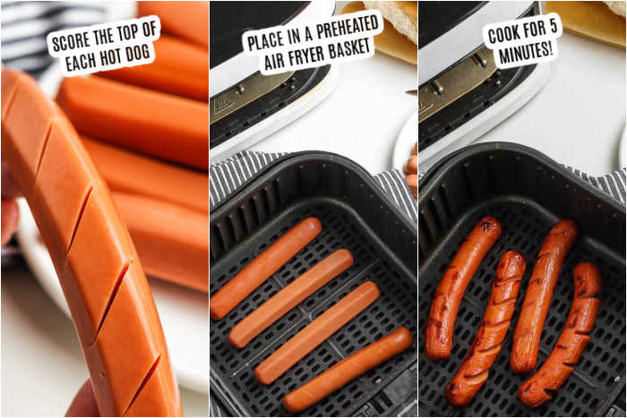 Close up image the process of cooking hot dogs in the air fryer. 