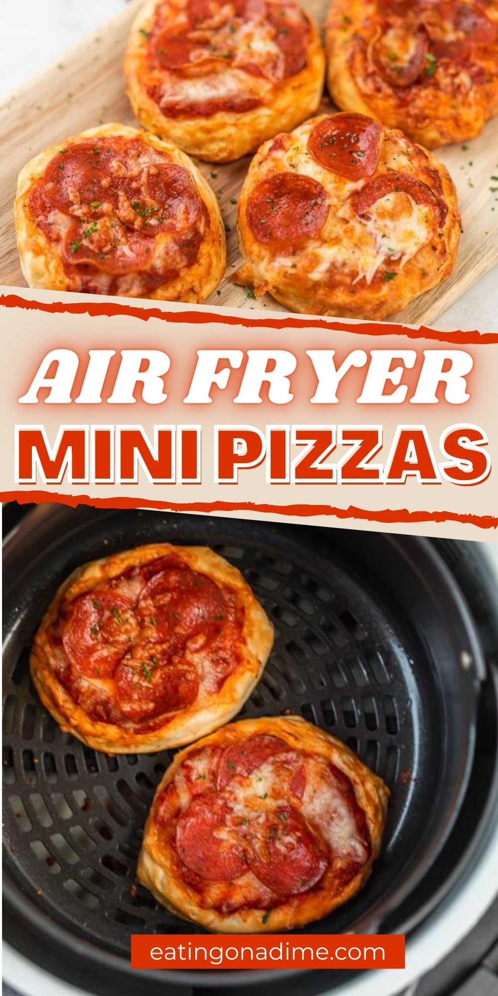 Air Fryer Pizzas are delicious and crispy plus super easy to make! You’ll love these air fryer mini pizzas mad with biscuits.  They are the best and simple to throw together in a few minutes too.  You’ll love this easy air fryer recipe.  #eatingonadime #airfryerrecipes #pizzarecipes 
