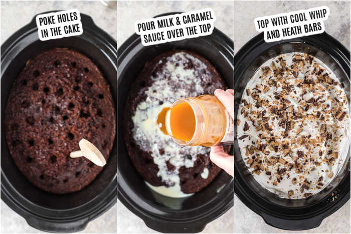 3 photos : poke holes in the cake, pour milk and caramel on cake, top with cool whip