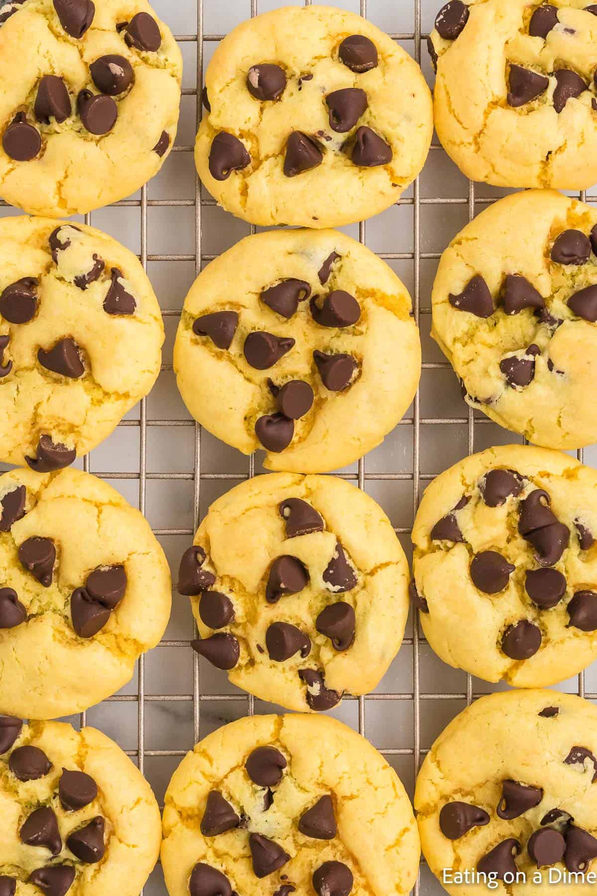 Chocolate Chips Cake Mix Cookies on a cooling rack