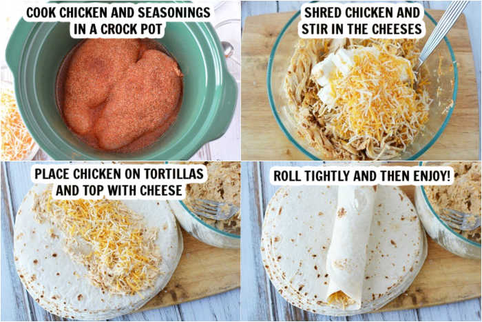 4 photos together showing how to make Crockpot Chicken Taquitos. First photo, chicken in crockpot. Second photo, shredded chicken and cheese mixture in a bowl. Third picture, chicken mixture on tortilla. Fourth picture, tortilla rolled up. 