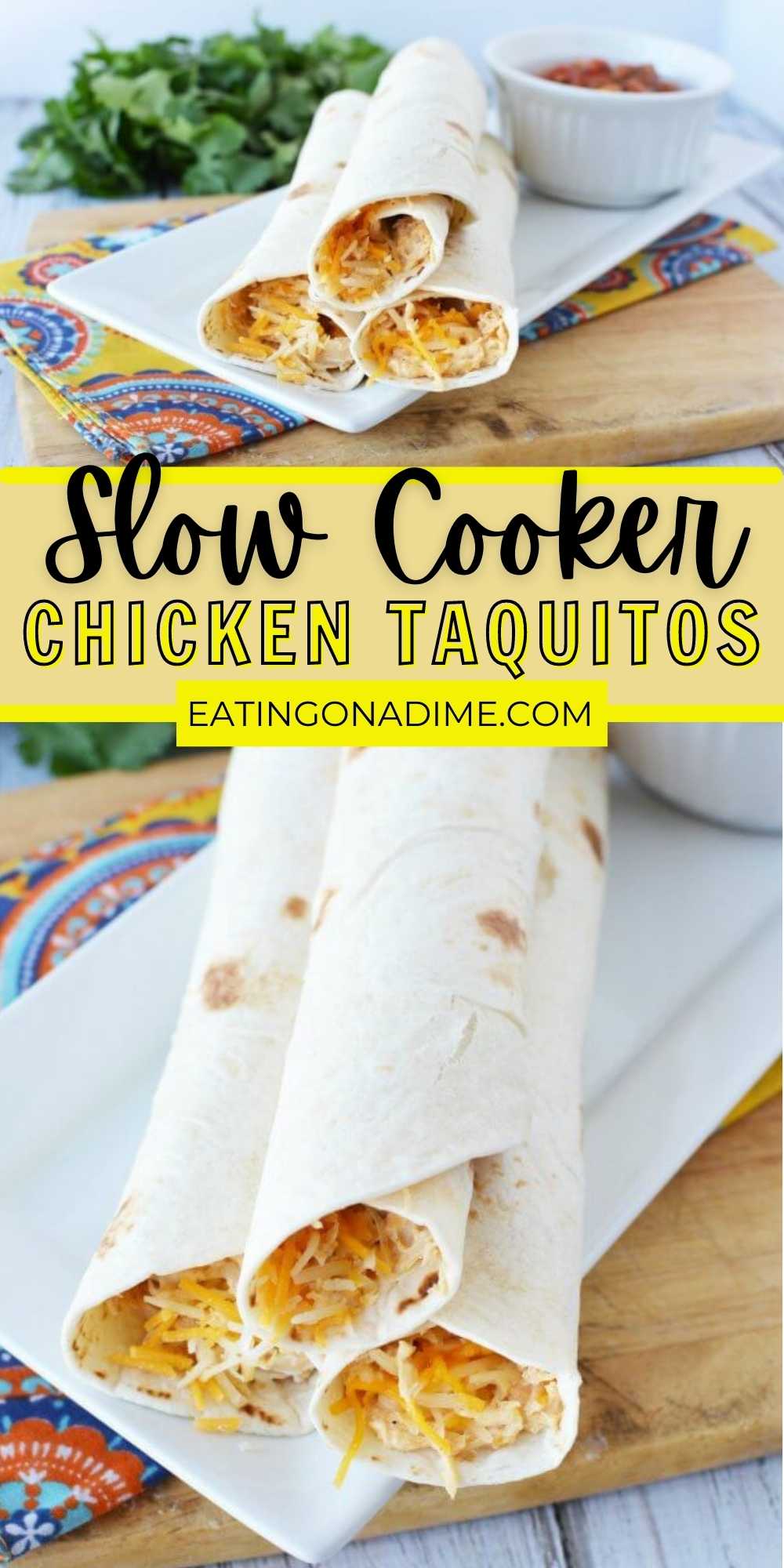 Try this easy homemade chicken taquitos recipe. Crockpot Chicken Taquitos will be a hit. Chicken and Cheese taquitos recipe is such an easy taquito recipe. You will love this easy slow cooker cheesy cream cheese chicken taquitos.  #eatingonadime #mexicanrecipes #chickenrecipes #taquitorecipes 
