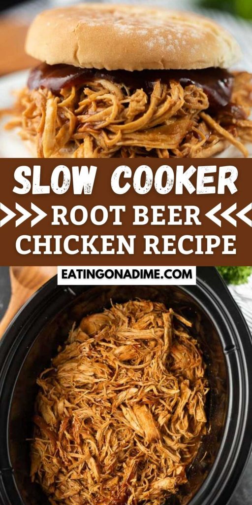 Try this easy Root beer BBQ Pulled Chicken recipe! You will love how delicious this simple Pulled BBQ Chicken recipe is. Root beer bbq chicken recipe is so tender. Slow Cooker BBQ Chicken is the best meal for busy days! #eatingonadime #crockpotrecipes #chickenrecipes #summerrecipes 
