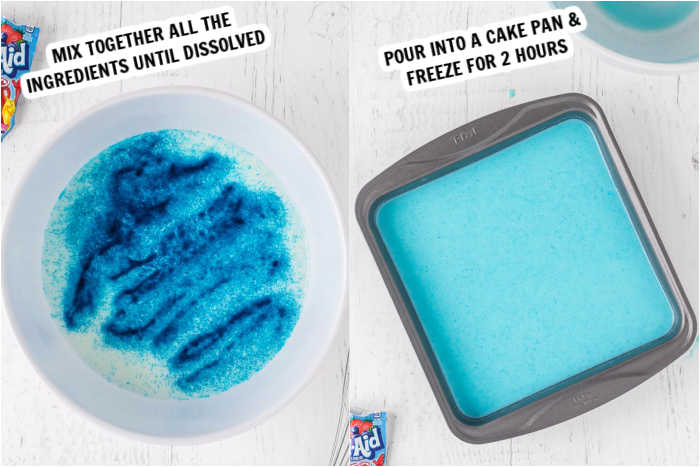 two photos of mixing the ingredients and pouring into cake pan.